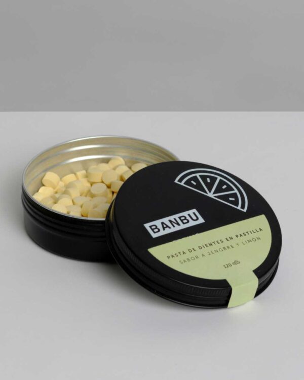 Marca: BANBU. Imagen: 1.Producto_Packaging_4da7de75-814c-4552-afff-be9125bac71e.jpg. Pasta de Dientes en Pastilla ECO SPRING. 120 pastillas.