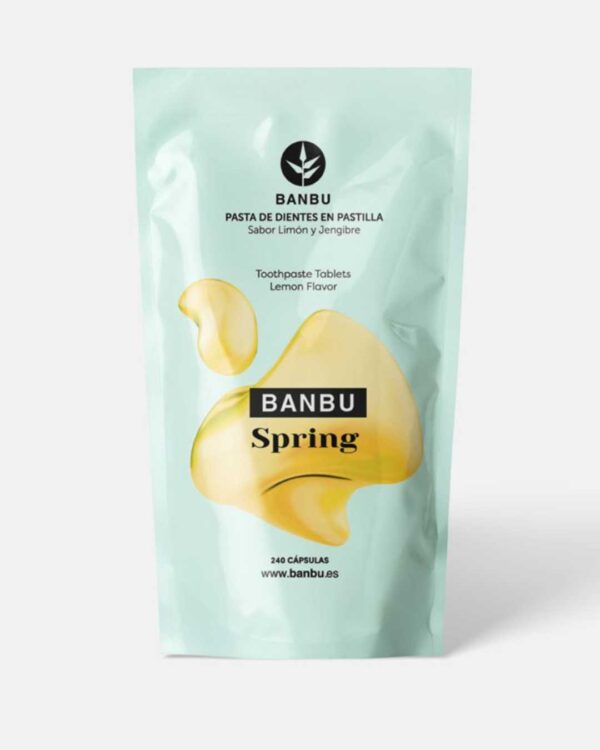 Marca: BANBU. Imagen: 1.Producto_Packaging_9328cd72-4bb6-4f90-b415-cead5d5ab26d.jpg. Refill Pasta de Dientes en Pastilla ECO SPRING. 240 pastillas.