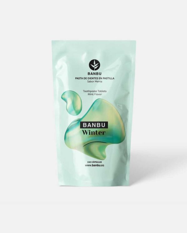 Marca: BANBU. Imagen: 1.Producto_Packaging_f6af2350-a880-43bf-9c36-b8ea65b31e39.jpg. Refill Pasta de Dientes en Pastilla ECO WINTER. 240 pastillas.