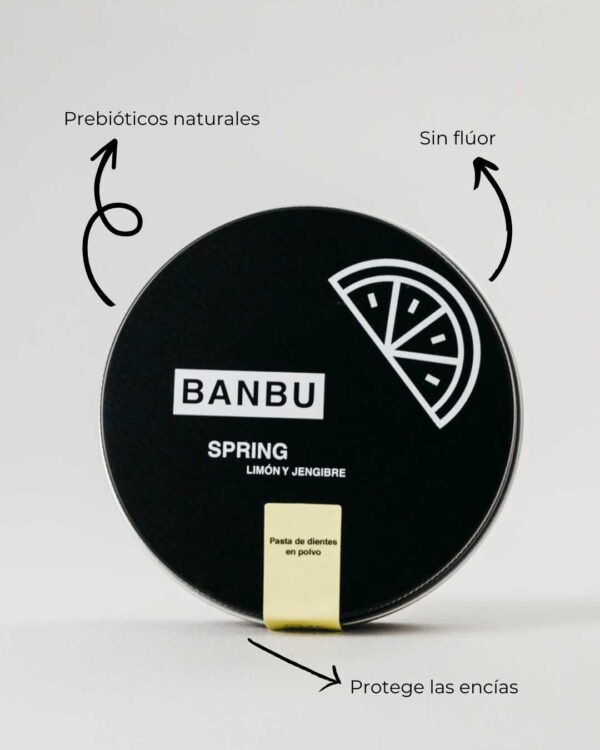 Marca: BANBU. Imagen: 3.Producto_Beneficios1_4ab1d711-af43-48a0-bae4-88494cda554c.jpg. Pasta de Dientes en Polvo ECO SPRING. 60ml.