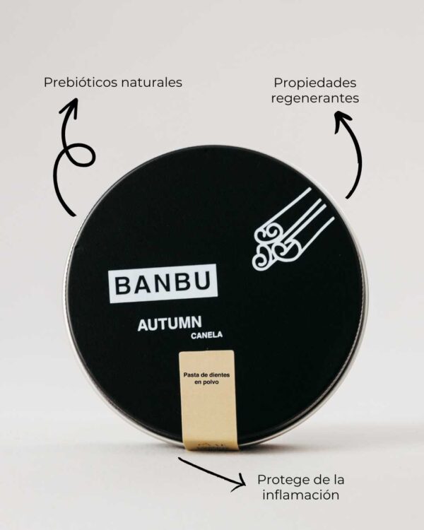 Marca: BANBU. Imagen: 3.Producto_Beneficios1_6bae2189-d390-48a3-9454-78db3bea7f49.jpg. Pasta de Dientes en Polvo ECO AUTUMN. 60ml.
