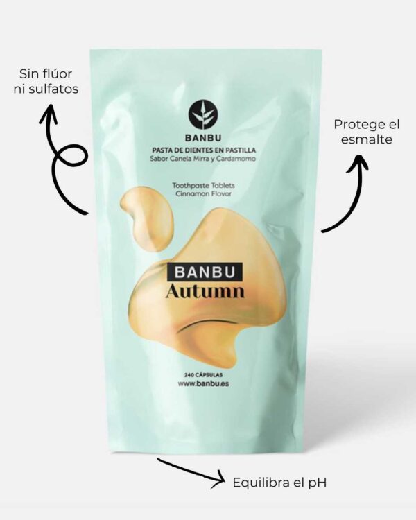 Marca: BANBU. Imagen: 3.Producto_Beneficios1_731f5a38-4480-486a-a107-e2efee254bf7.jpg. Refill Pasta de Dientes en Pastilla ECO AUTUMN. 240 pastillas.