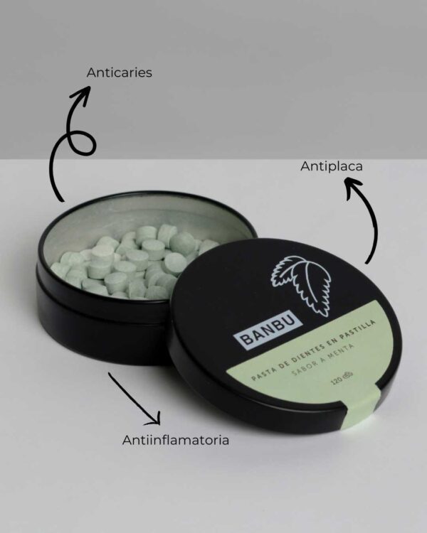 Marca: BANBU. Imagen: 3.Producto_Beneficios1_7f2b0045-9be3-4555-abb8-015f75881bbd.jpg. Pasta de Dientes en Pastilla ECO WINTER. 120 pastillas.