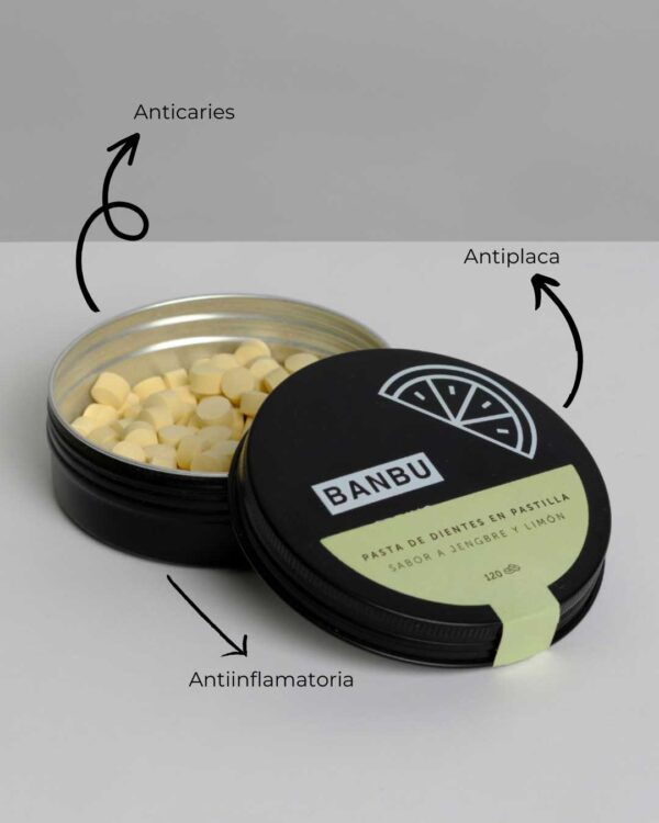 Marca: BANBU. Imagen: 3.Producto_Beneficios1_9e98e369-906e-4b04-ba4c-1c560895e156.jpg. Pasta de Dientes en Pastilla ECO SPRING. 120 pastillas.