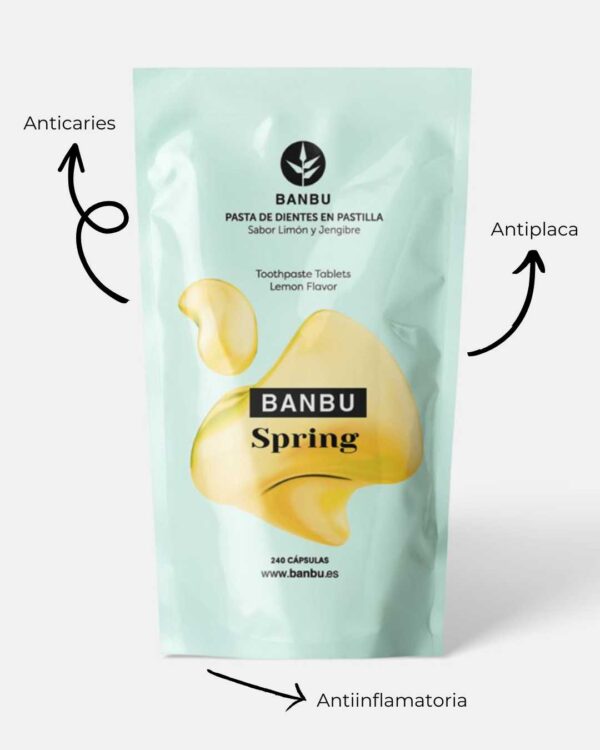 Marca: BANBU. Imagen: 3.Producto_Beneficios1_b3895e1d-efb4-46e8-b876-d53872d0ab25.jpg. Refill Pasta de Dientes en Pastilla ECO SPRING. 240 pastillas.