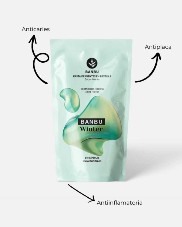 Marca: BANBU. Imagen: 3.Producto_Beneficios1_e7d176d8-5346-451d-bdfa-70c654d22b41.jpg. Refill Pasta de Dientes en Pastilla ECO WINTER. 240 pastillas.