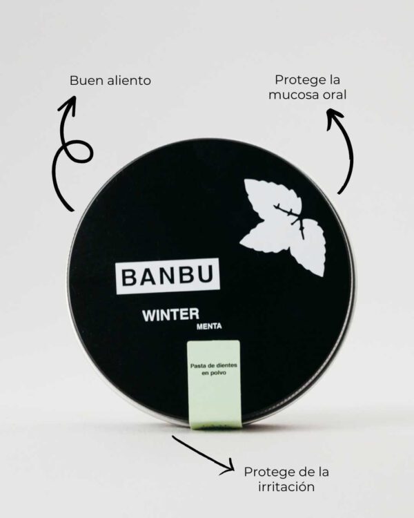 Marca: BANBU. Imagen: 3.Producto_Beneficios1_f6f370eb-5463-4341-93c3-a4546f340ec3.jpg. Pasta de Dientes en Polvo ECO WINTER. 60ml.