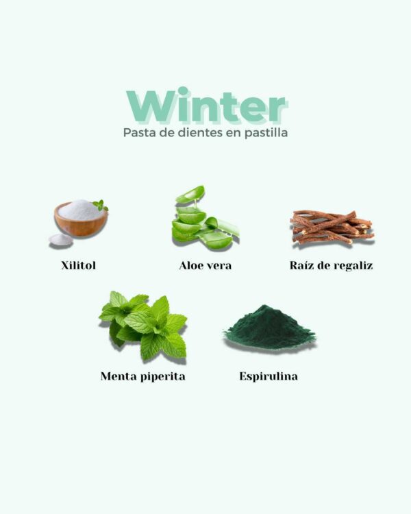 Marca: BANBU. Imagen: 4.Ingredientes_5cd2718e-6ef6-4314-992c-a61e26f74b17.jpg. Pasta de Dientes en Pastilla ECO WINTER. 120 pastillas.