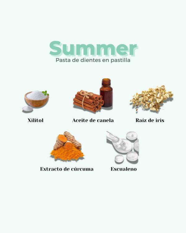 Marca: BANBU. Imagen: 4.Ingredientes_796f869d-53d4-4228-a4f2-8bf1cfad4227.jpg. Pasta de Dientes en Pastilla ECO SUMMER. 120 pastillas.