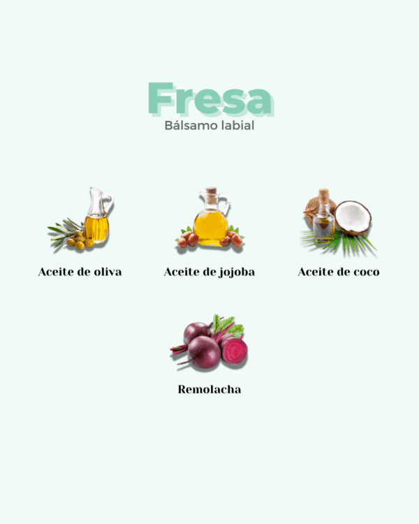 Marca: BANBU. Imagen: B_lsamo_labios_fresa_ingredientes.png. Bálsamo Labial ECO Aroma FRESA con color. 5ml.