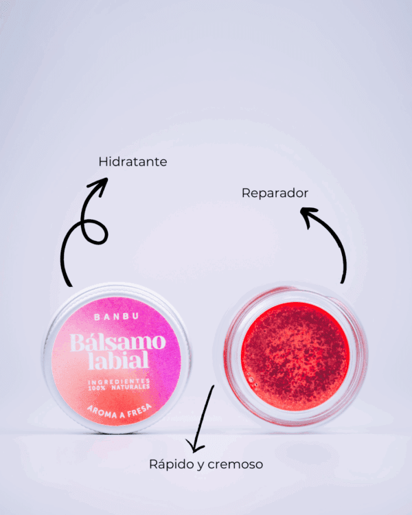 Marca: BANBU. Imagen: Balsamo_de_labios_fresa_color_caracteristicas.png. Bálsamo Labial ECO Aroma FRESA con color. 5ml.