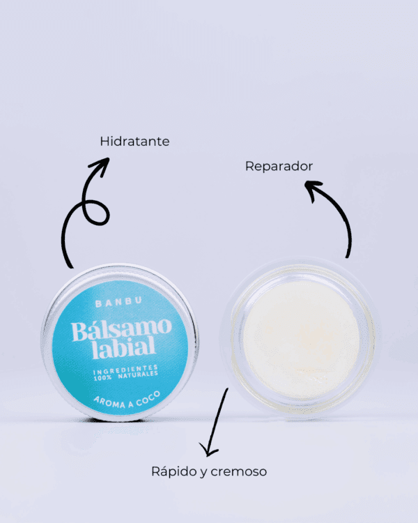 Marca: BANBU. Imagen: Balsamo_labial_coco_caracteristicas.png. Bálsamo Labial ECO Aroma COCO. 5ml.