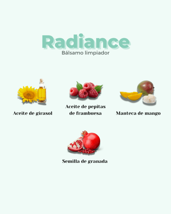 Marca: BANBU. Imagen: Balsamo_limpiador_radiance_ingredientes.png. Bálsamo limpiador facial en crema RADIANCE. 50ml