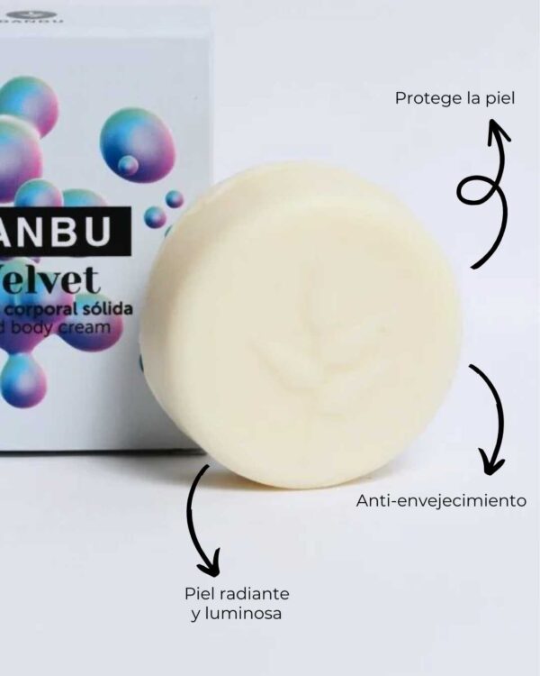 Marca: BANBU. Imagen: Crema_corporal_solida_velvet_beneficios.jpg. Crema Corporal Sólida ECO Hidratante VELVET. 50ml.