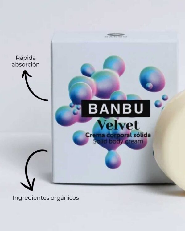 Marca: BANBU. Imagen: Crema_corporal_solida_velvet_caracteristicas.jpg. Crema Corporal Sólida ECO Hidratante VELVET. 50ml.