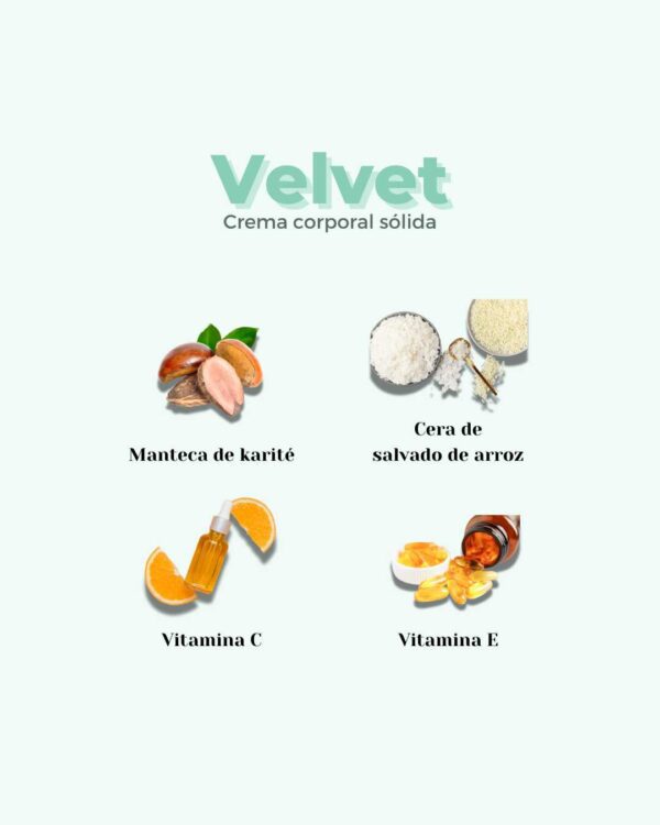 Marca: BANBU. Imagen: Crema_corporal_solida_velvet_ingredientes.jpg. Crema Corporal Sólida ECO Hidratante VELVET. 50ml.