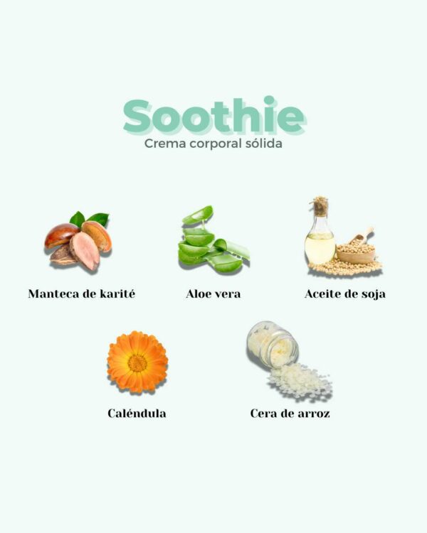 Marca: BANBU. Imagen: Crema_corporal_soothie_ingredientes.jpg. Crema Corporal Sólida ECO Piel Sensible SOOTHIE. 50ml.
