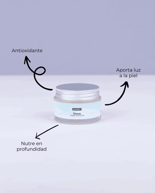 Marca: BANBU. Imagen: Crema_facial_antiedad_Moon_beneficios.png. Crema Facial ECO Nutritiva Well Aging MOON. 50ml.