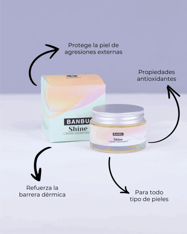 Marca: BANBU. Imagen: Crema_facial_de_dia_Shine_beneficios.png. Crema Facial ECO Hidratante SHINE. 50ml.