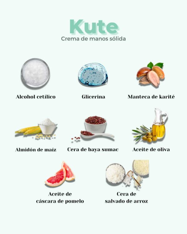 Marca: BANBU. Imagen: Crema_mano_solida_kute_ingredientes.jpg. Crema de Manos Sólida ECO Hidratante KUTE. 40ml.