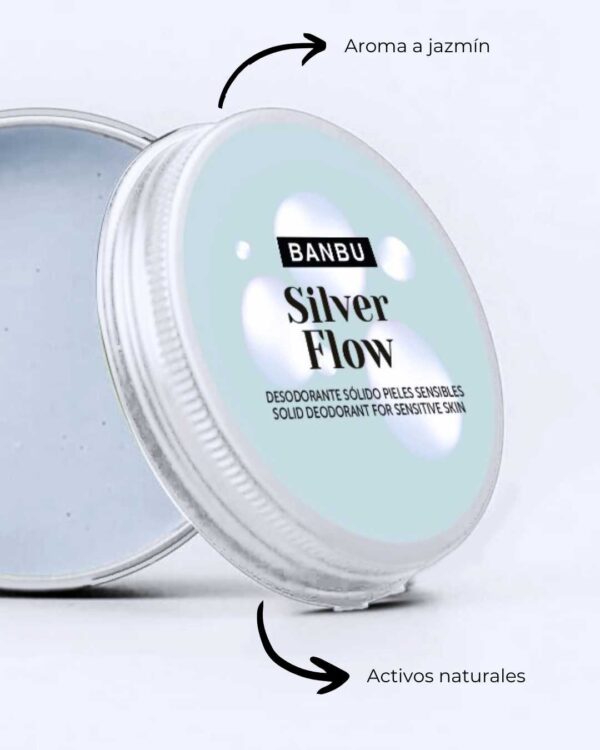 Marca: BANBU. Imagen: Desodorante_crema_silver_flow_beneficios.jpg. Desodorante Crema ECO Piel Sensible SILVER FLOW. 50ml.