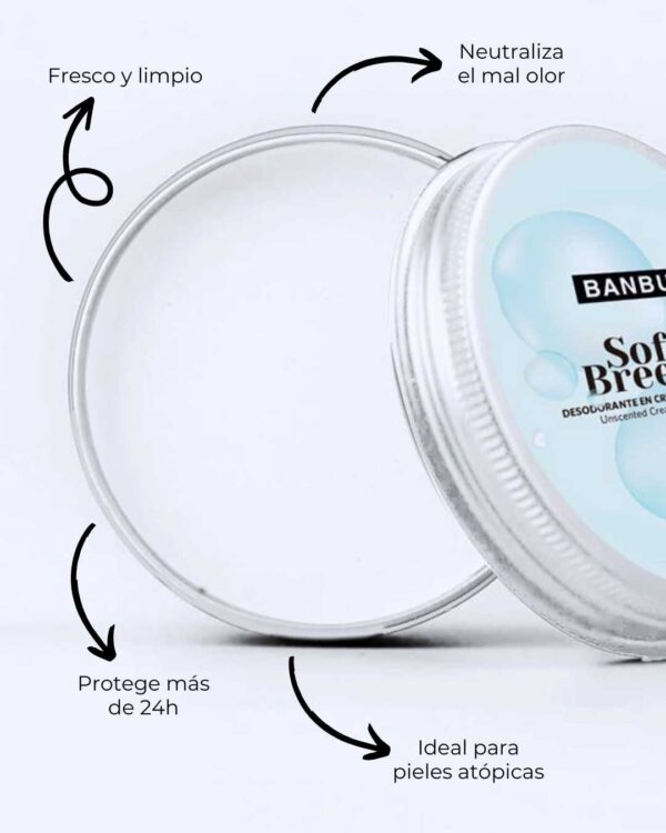 Marca: BANBU. Imagen: Desodorante_crema_soft_breeze_caracteristica.jpg. Desodorante Crema ECO Piel Sensible SOFT BREEZE. 50ml.