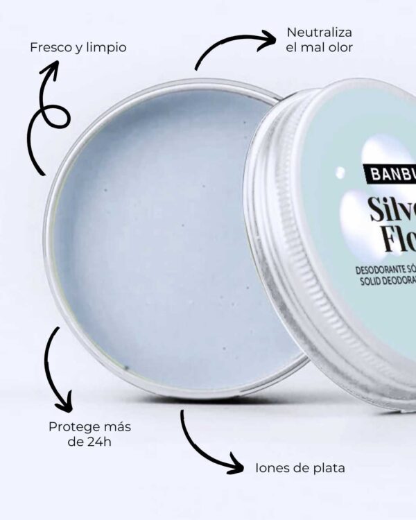 Marca: BANBU. Imagen: Desodorante_en_crema_silver_flow_beneficios.jpg. Desodorante Crema ECO Piel Sensible SILVER FLOW. 50ml.