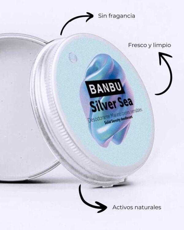 Marca: BANBU. Imagen: Desodorante_en_crema_silver_sea_caracteristicas.jpg. Desodorante Crema ECO Piel Sensible SILVER SEA. 50ml.
