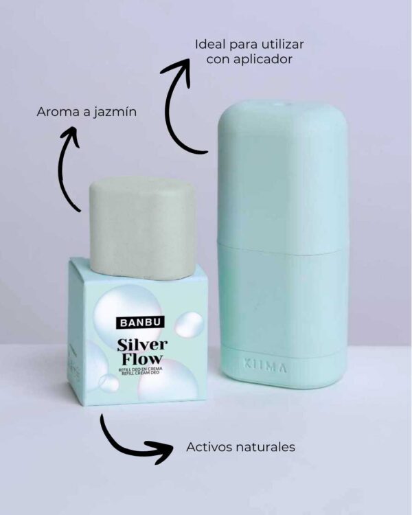 Marca: BANBU. Imagen: Desodorante_solido_silver_flow_con_aplicador.jpg. Desodorante ECO sólido Piel Sensible SILVER FLOW. 42ml.