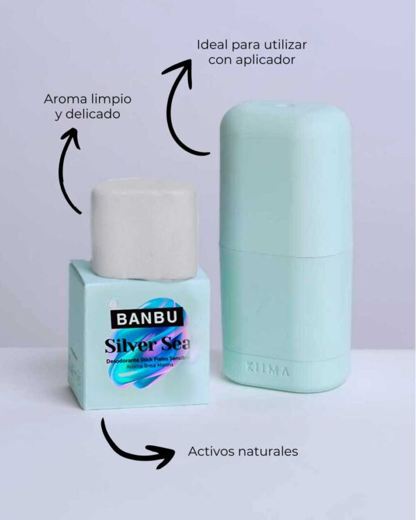 Marca: BANBU. Imagen: Desodorante_solido_silver_sea_con_aplicador.jpg. Desodorante Sólido ECO Piel Sensible SILVER SEA. 45ml.
