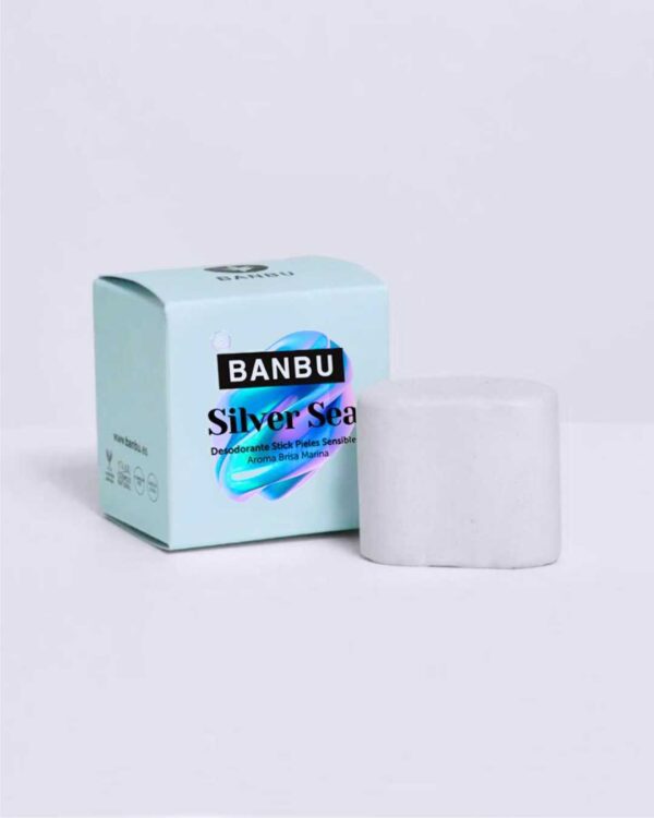 Marca: BANBU. Imagen: Desodorante_solido_silver_sea_packaging.jpg. Desodorante Sólido ECO Piel Sensible SILVER SEA. 45ml.