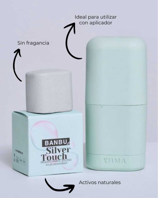 Marca: BANBU. Imagen: Desodorante_solido_silver_touch_aplicador.jpg. Desodorante Sólido ECO Piel Sensible SILVER TOUCH. 45ml.