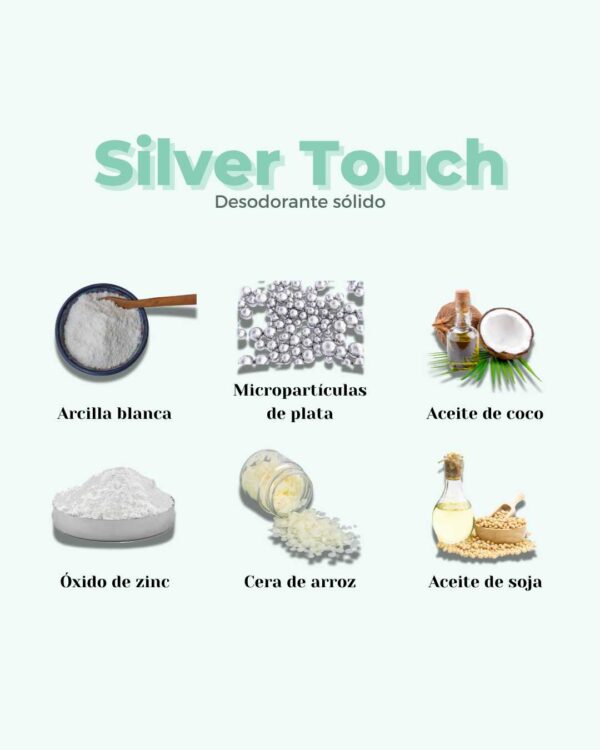 Marca: BANBU. Imagen: Desodorante_solido_silver_touch_ingredientes.jpg. Desodorante Sólido ECO Piel Sensible SILVER TOUCH. 45ml.