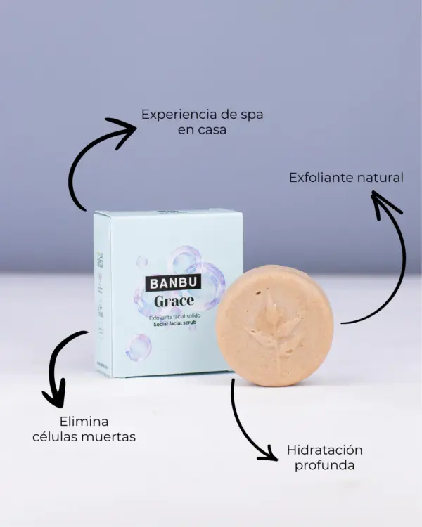 Marca: BANBU. Imagen: Exfoliante_facial_Grace_beneficios.webp. Exfoliante Facial solido GRACE. 50gr.