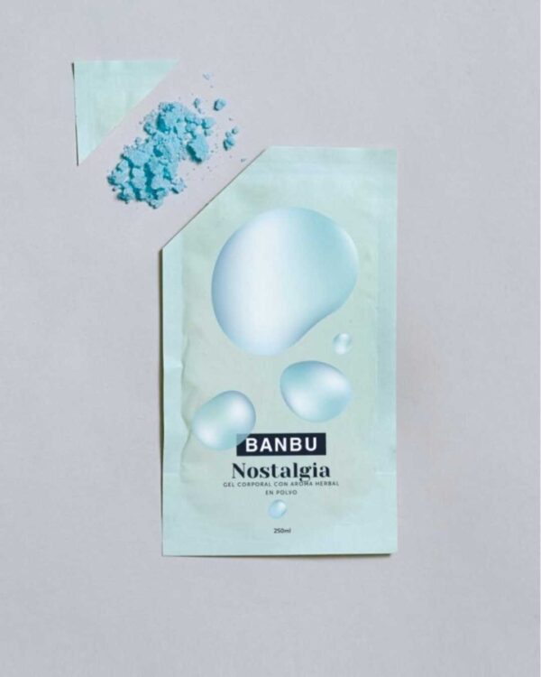 Marca: BANBU. Imagen: Gel_corporal_polvo_nostalgia_packaging.jpg. Gel de Ducha en Polvo ECO Silvestre NOSTALGIA. 30gr./250ml.