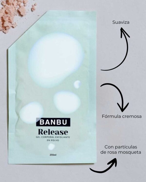 Marca: BANBU. Imagen: Gel_polvo_Release_caracteristicas.jpg. Gel de Ducha en Polvo ECO Exfoliante RELEASE. 30gr./250ml.