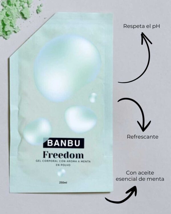 Marca: BANBU. Imagen: Gel_polvo_freedom_caracteristicas.jpg. Gel de Ducha en Polvo ECO Mentolado FREEDOM. 30gr./250ml.
