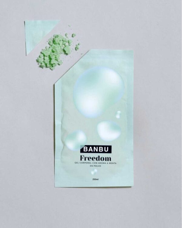Marca: BANBU. Imagen: Gel_polvo_freedom_packaging.jpg. Gel de Ducha en Polvo ECO Mentolado FREEDOM. 30gr./250ml.