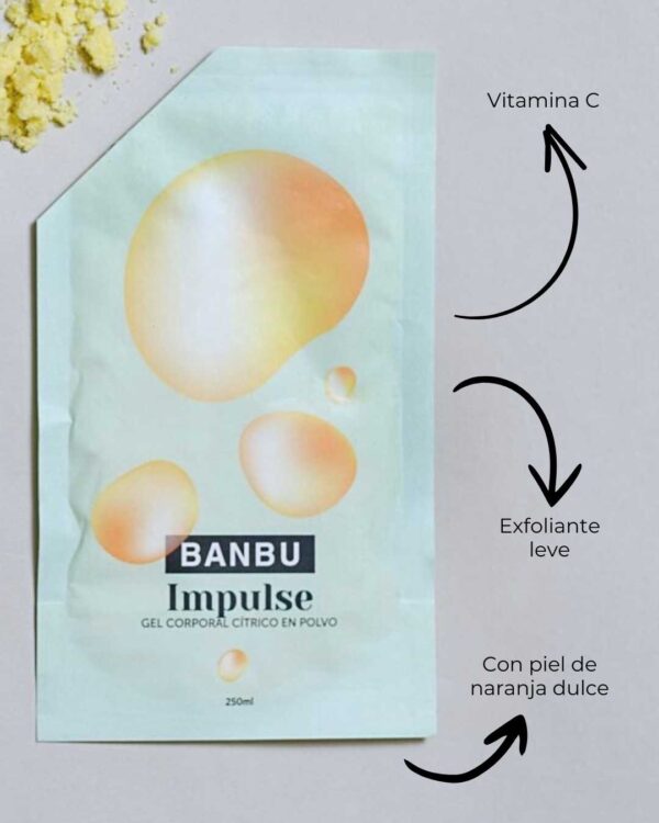 Marca: BANBU. Imagen: Gel_polvo_impulse_caracteristicas.jpg. Gel de Ducha en Polvo ECO Cítrico IMPULSE. 30gr./250ml.