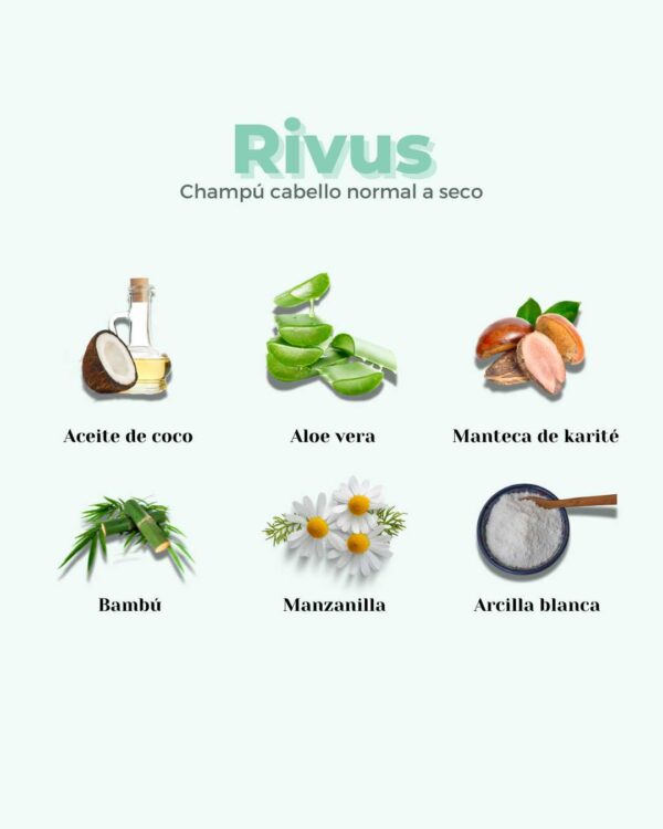 Marca: BANBU. Imagen: Ingredientes_b8067d30-35c4-4b92-a426-fe3fbf133bad.jpg. Champú Sólido ECO Hidratante Cabello Normal y Seco RIVUS. 75gr.