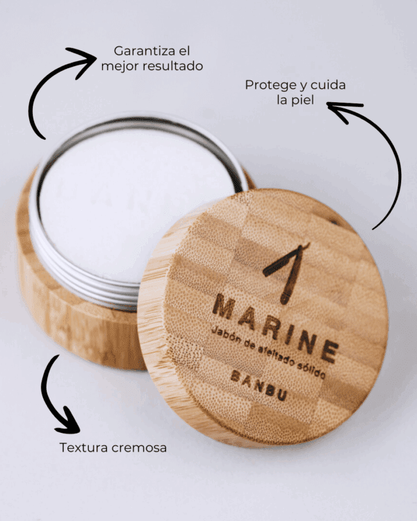 Marca: BANBU. Imagen: Jabon_afeitado_Marine_beneficios.png. Jabón de Afeitado ECO MARINE. 80gr.