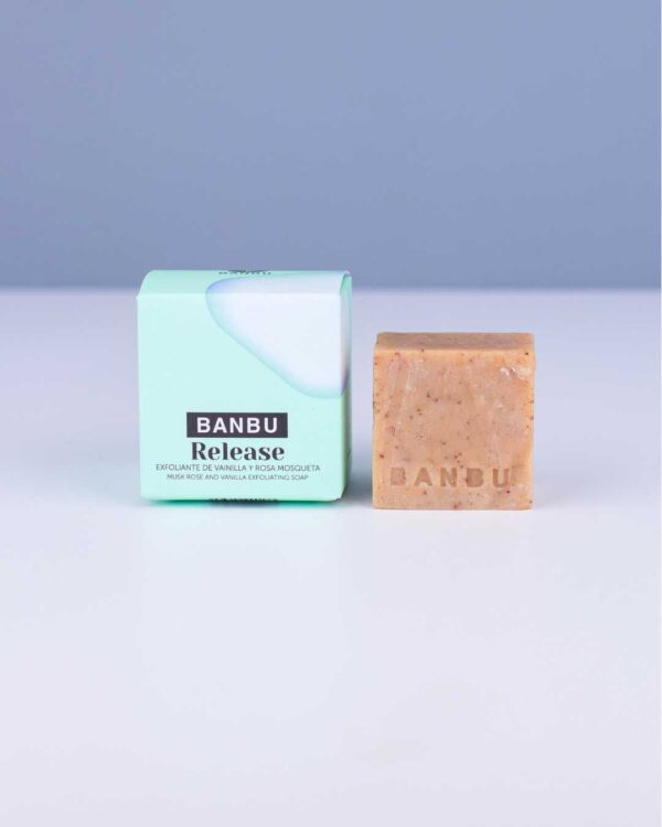 Marca: BANBU. Imagen: Jabon_de_ducha_Release_packaging.jpg. Jabón de Ducha Sólido ECO Exfoliante RELEASE. 100gr.