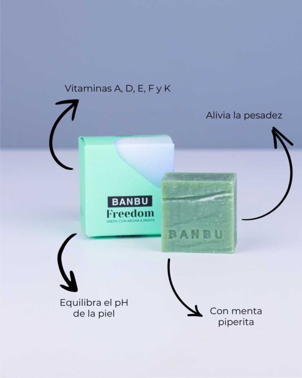 Marca: BANBU. Imagen: Jabon_de_ducha_freedom_beneficios.jpg. Jabón de Ducha Sólido ECO Mentolado FREEDOM. 100gr.