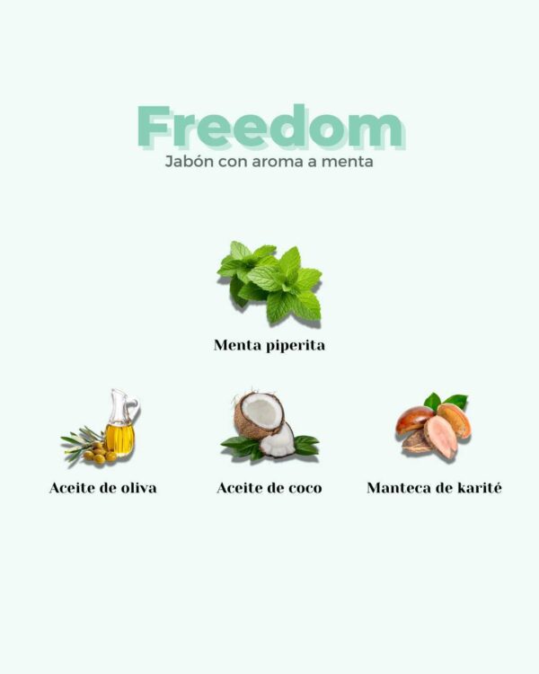 Marca: BANBU. Imagen: Jabon_de_ducha_freedom_ingredientes.jpg. Jabón de Ducha Sólido ECO Mentolado FREEDOM. 100gr.