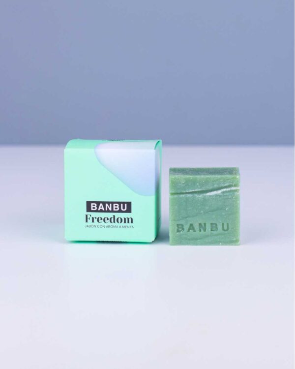 Marca: BANBU. Imagen: Jabon_de_ducha_freedom_packaging.jpg. Jabón de Ducha Sólido ECO Mentolado FREEDOM. 100gr.