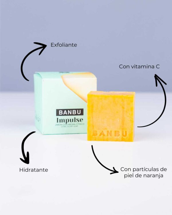 Marca: BANBU. Imagen: Jabon_de_ducha_impulse_caracteristicas.jpg. Jabón de Ducha Sólido ECO Cítrico IMPULSE. 100gr.