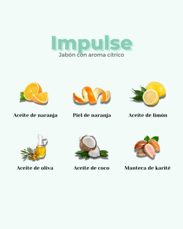 Marca: BANBU. Imagen: Jabon_de_ducha_impulse_ingredientes.jpg. Jabón de Ducha Sólido ECO Cítrico IMPULSE. 100gr.