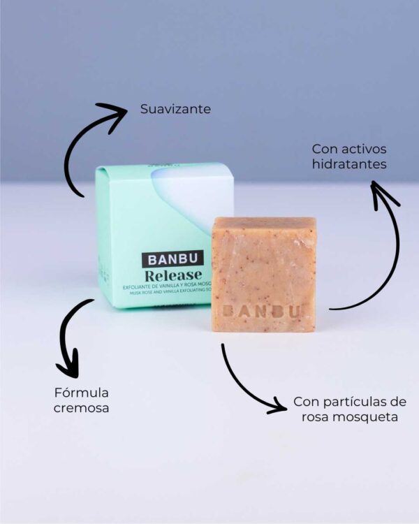 Marca: BANBU. Imagen: Jabon_de_ducha_release_caracteristicas.jpg. Jabón de Ducha Sólido ECO Exfoliante RELEASE. 100gr.