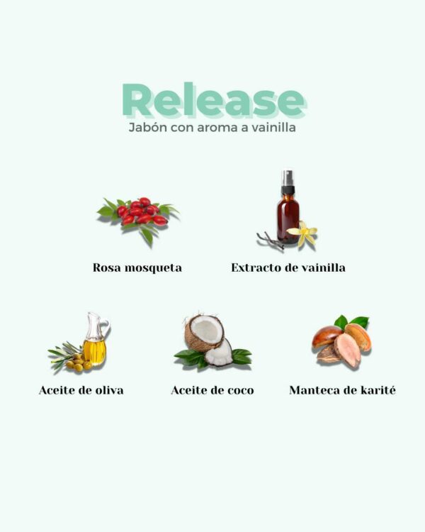 Marca: BANBU. Imagen: Jabon_de_ducha_release_ingredientes.jpg. Jabón de Ducha Sólido ECO Exfoliante RELEASE. 100gr.