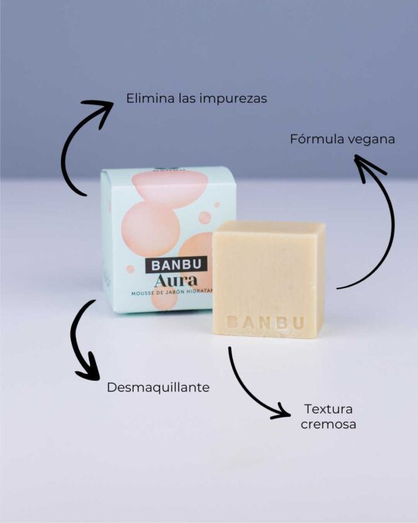 Marca: BANBU. Imagen: Mousse_facial_Aura_beneficios.jpg. Mousse Facial ECO Piel Normal y Seca AURA. 100gr.